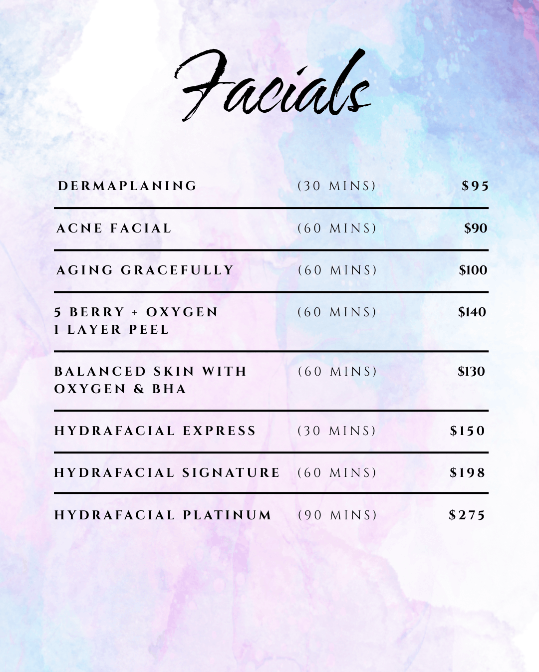 Athena's Glow Facials Menu