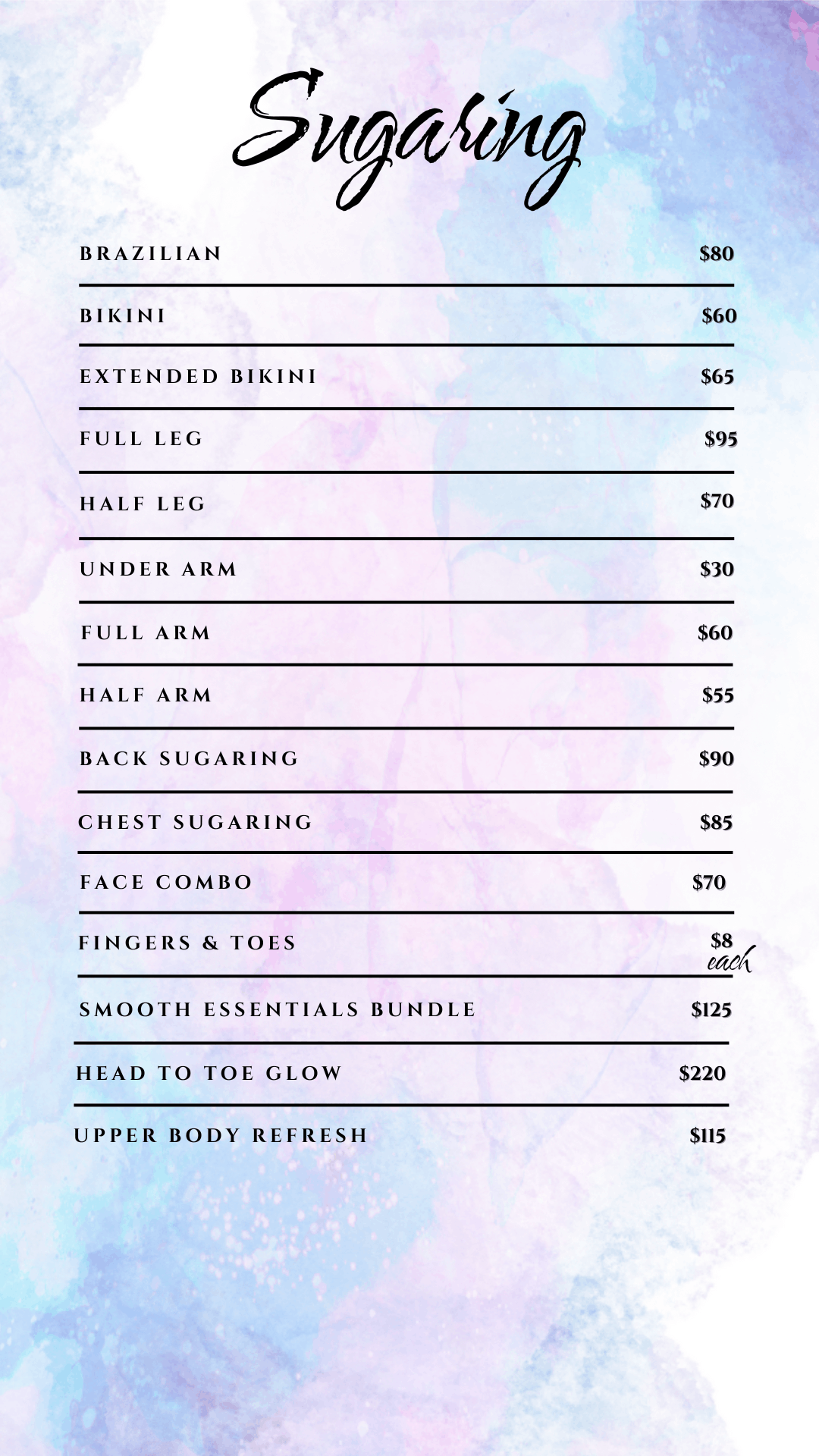 Sugaring Menu for Athena's Glow