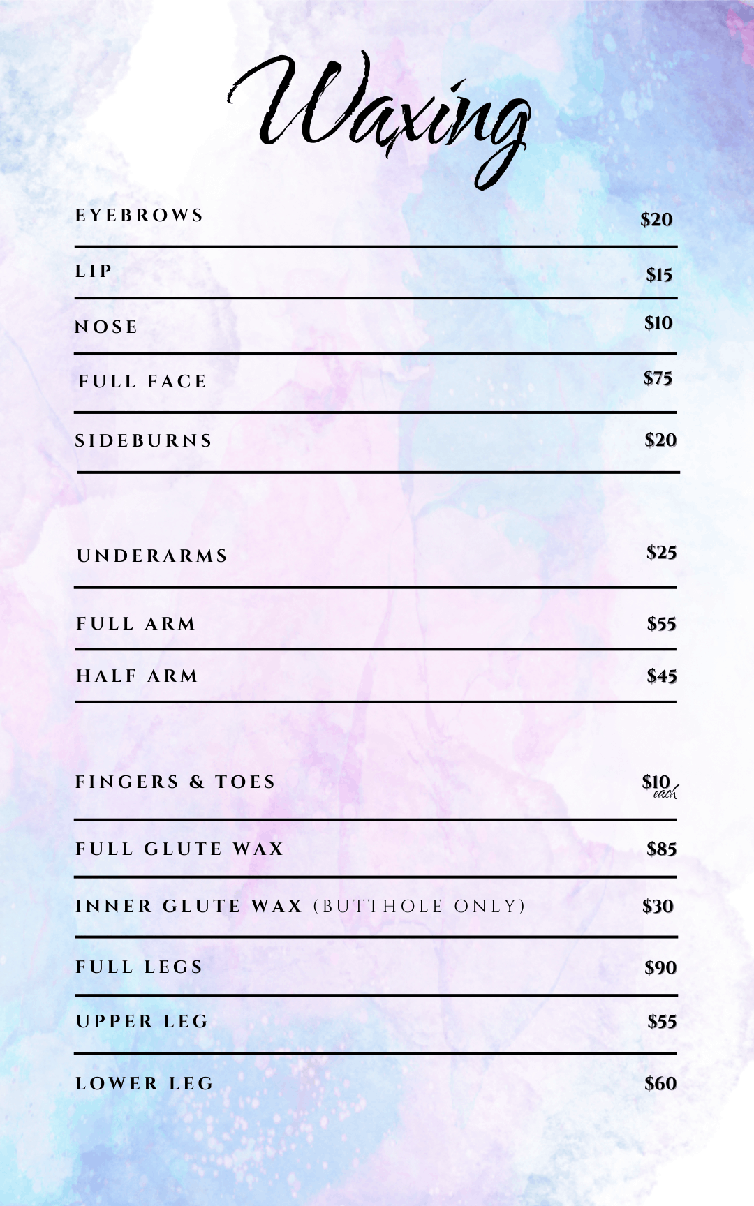 Waxing Menu for Athena's Glow part 1