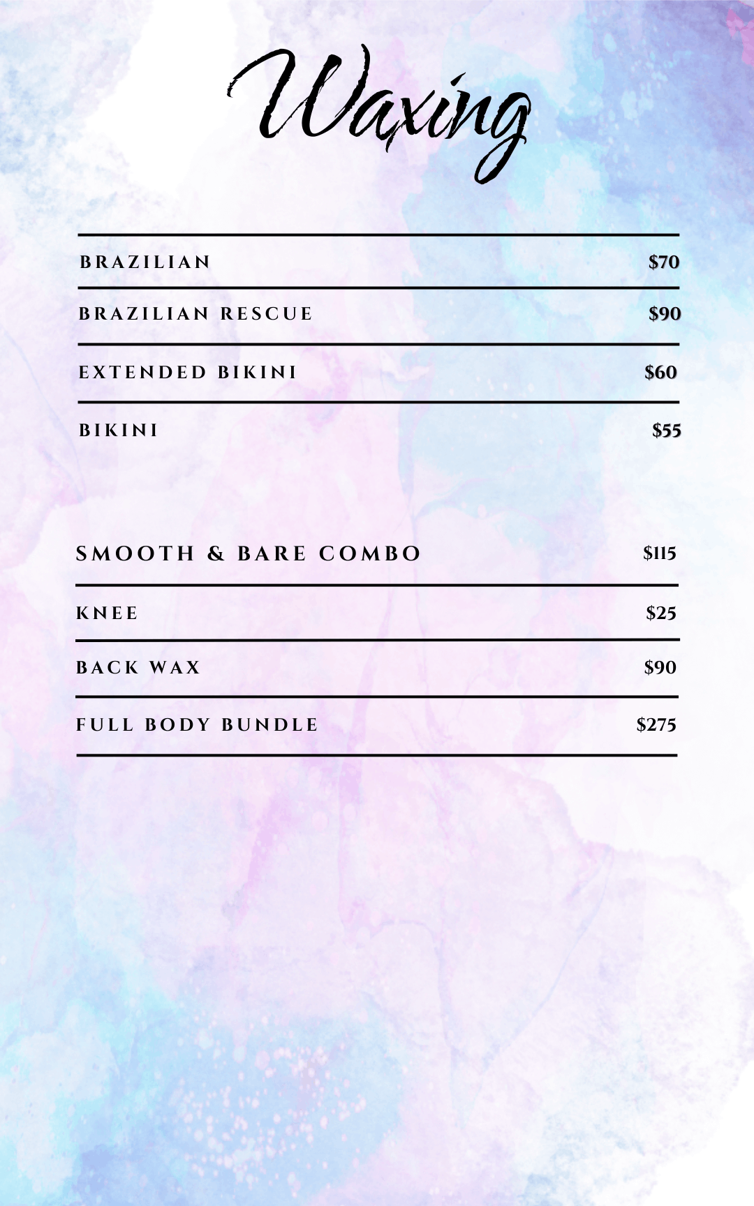 Waxing Menu for Athena's Glow part 2